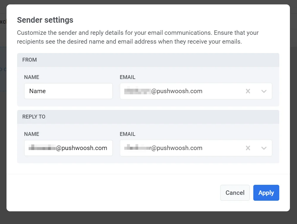 Configuración de los ajustes del remitente que muestra los campos de nombre y correo electrónico del remitente