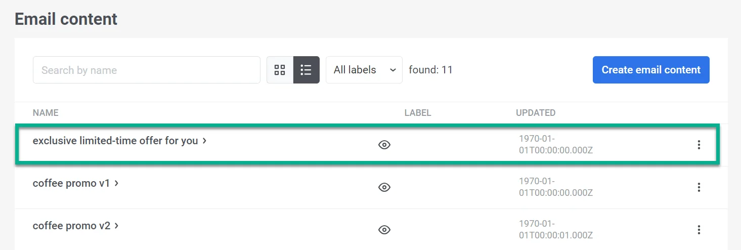Lista de contenido de correo electrónico que muestra los correos guardados listos para usar en campañas