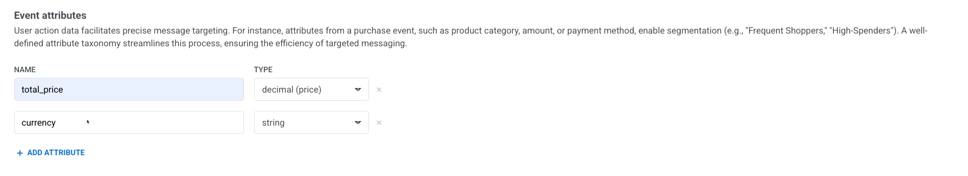 Event attributes form showing attribute name and type dropdown with integer string boolean list decimal price and date