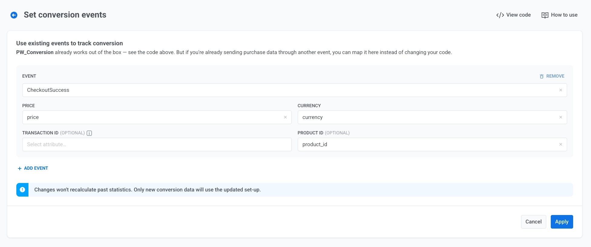 Conversion event mapping form with EVENT price currency transaction ID and product ID fields filled in