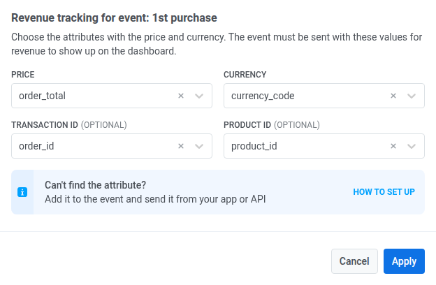 Dialog „Umsatz-Tracking für Ereignis“ für 1st purchase mit order_total als Preis, currency_code als Währung, order_id als Transaktions-ID und product_id als Produkt-ID