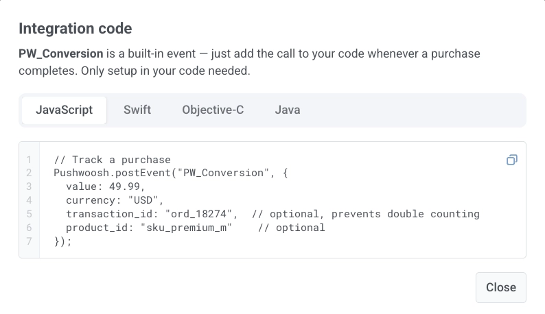 Integration code dialog with PW_Conversion postEvent samples for JavaScript Swift Objective-C and Java
