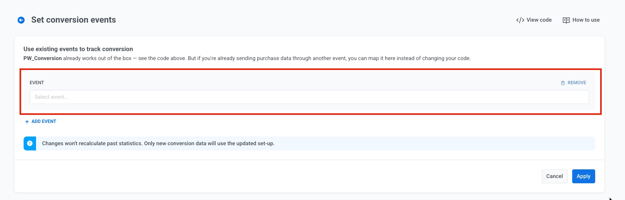 Set conversion events page with default EVENT dropdown showing Select event placeholder