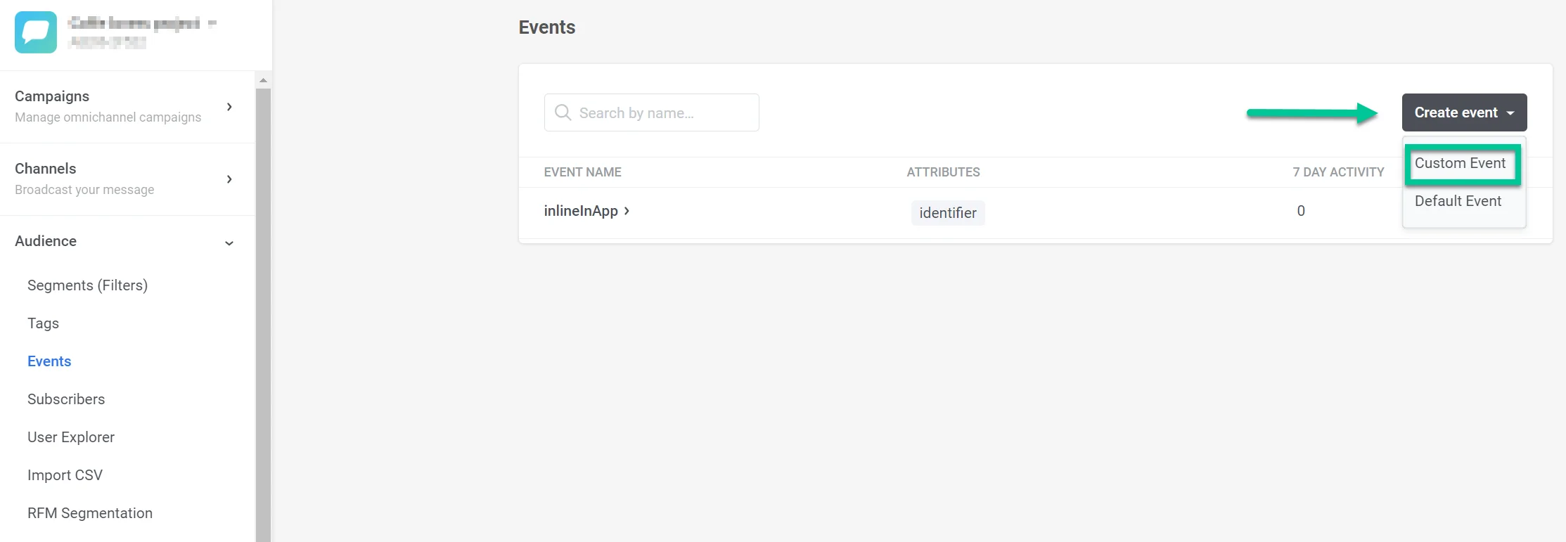 Menu suspenso Criar Evento mostrando a opção Evento Personalizado