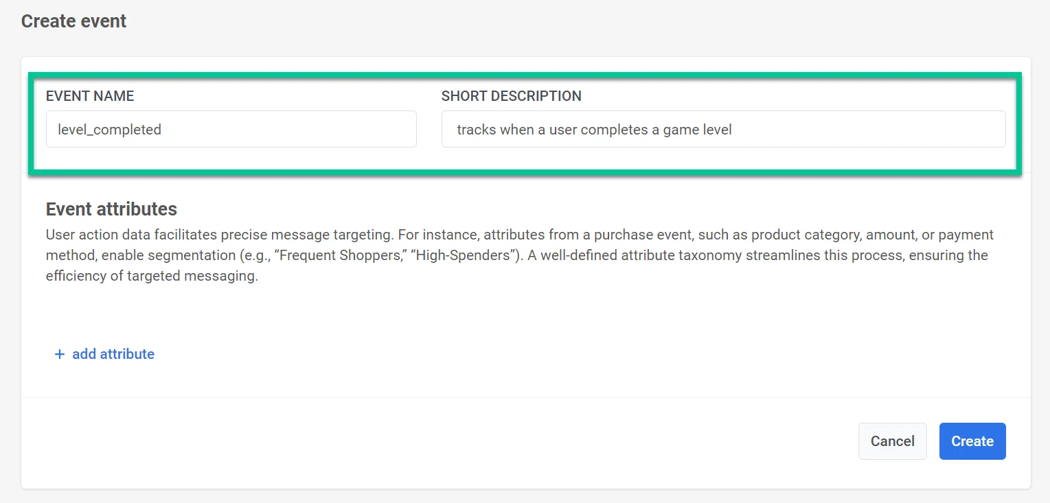 Formulário de criação de evento personalizado com os campos Nome do Evento e Descrição