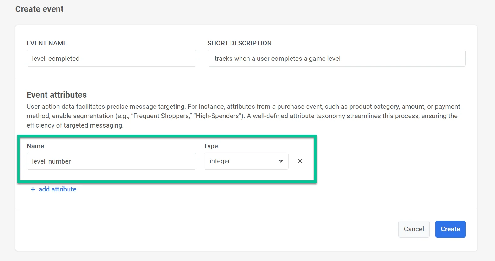 Configuração de atributos de evento mostrando tipos e campos de atributos