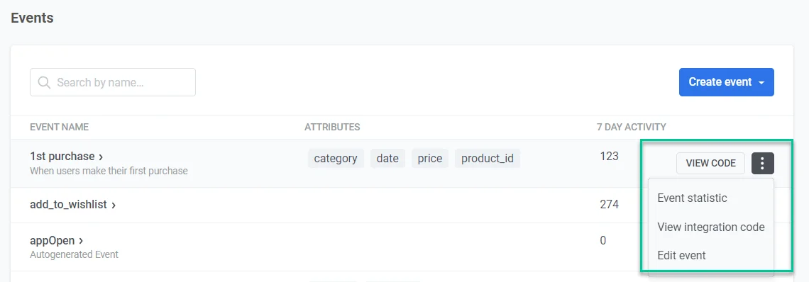 Menu de gerenciamento de eventos com as opções Ver Código, Estatísticas do Evento e Editar Evento