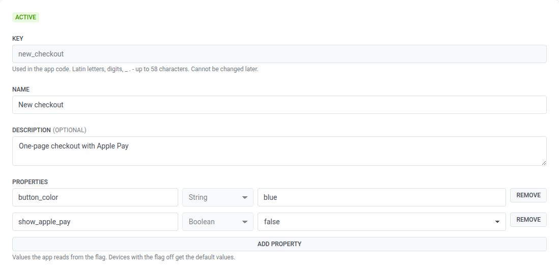 Feature flag form with the key, name, description, and two properties: button_color of type String and show_apple_pay of type Boolean