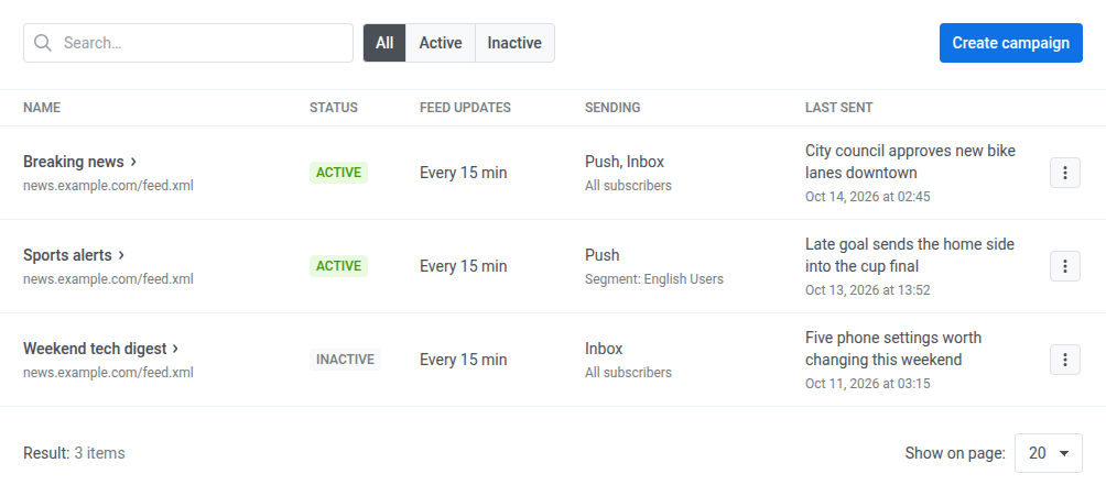 Feed campaigns list with three campaigns showing status, feed updates, channel and audience, and last sent item