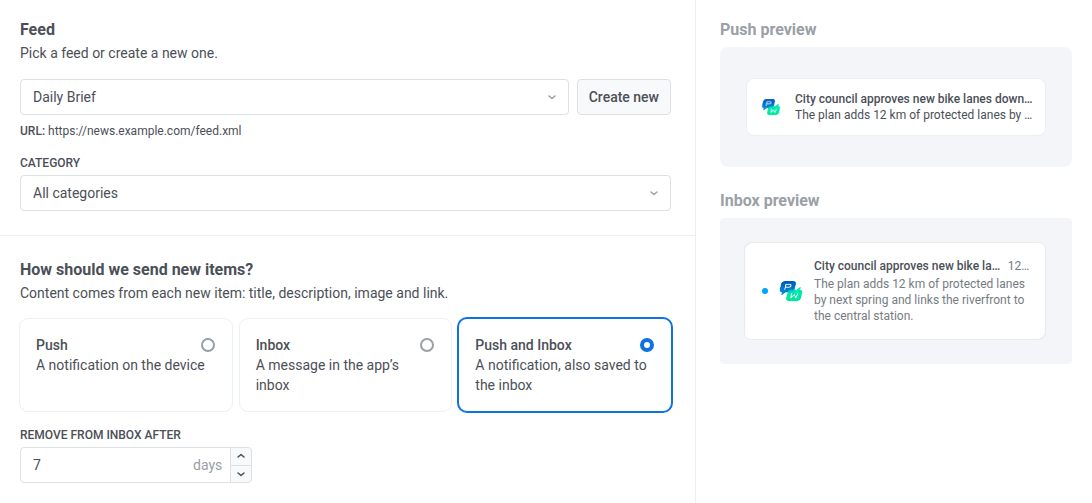 Content step with the Daily Brief feed, All categories, Push and Inbox selected, and push and inbox previews
