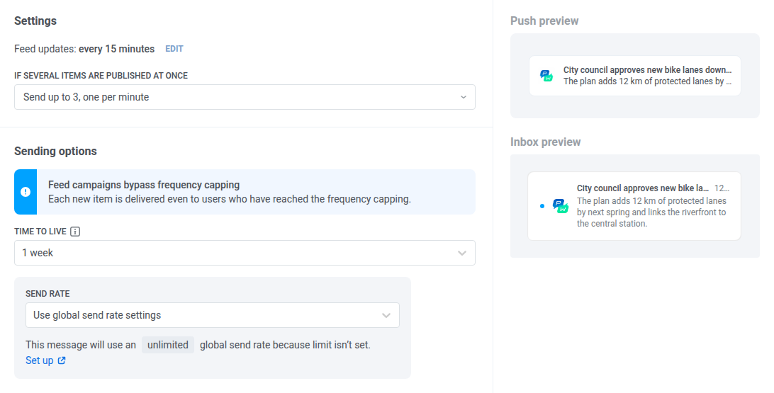 Settings step with feed updates every 15 minutes, Send up to 3, one per minute, Time to live 1 week, and global send rate