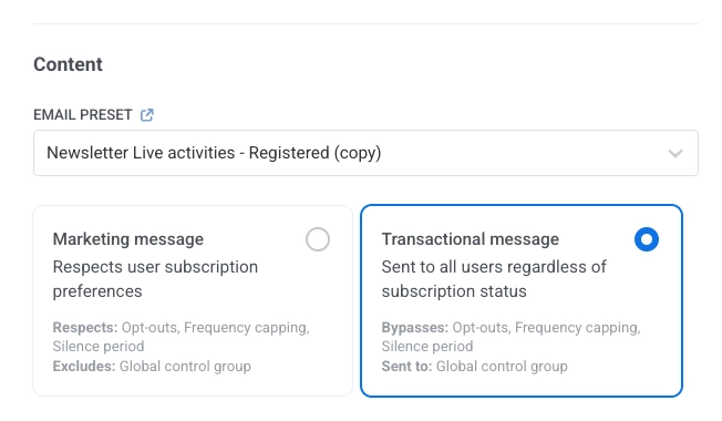 Transactional message option in campaign creation when control group is enabled