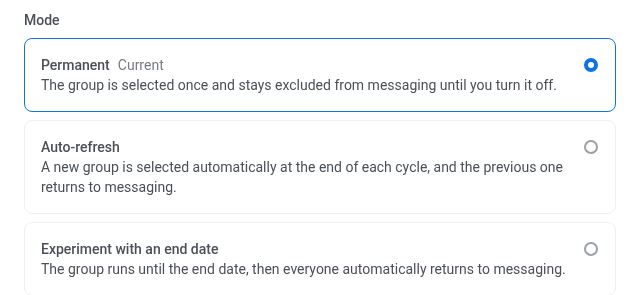 Mode options in the Control group settings dialog