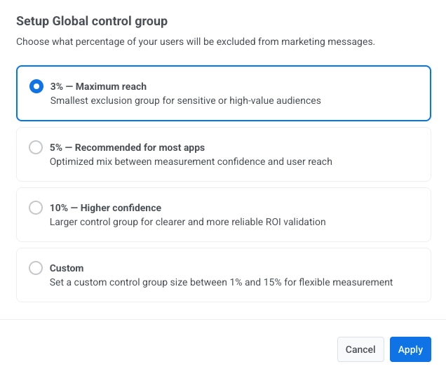 Control group percentage options with 3%, 5%, 10%, and Custom and short descriptions