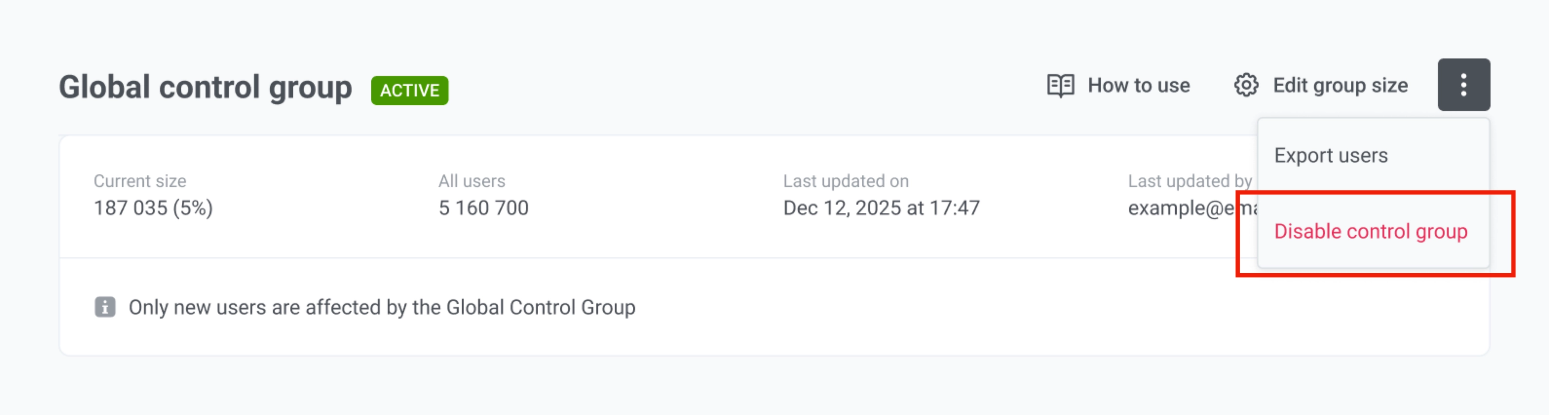 Three-dot menu with Disable control group option in Global control group settings