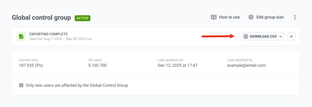 Exporting complete notification with Download CSV button on Global control group page