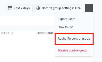 Three-dot menu with Reshuffle control group option on a control group's page