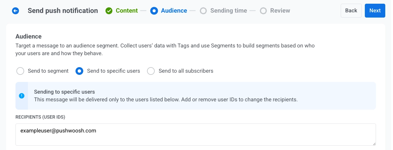 ขั้นตอน Audience ที่เลือก Send to specific users และ User ID ของผู้ถือบัตรถูกกรอกไว้ล่วงหน้าใน Recipients