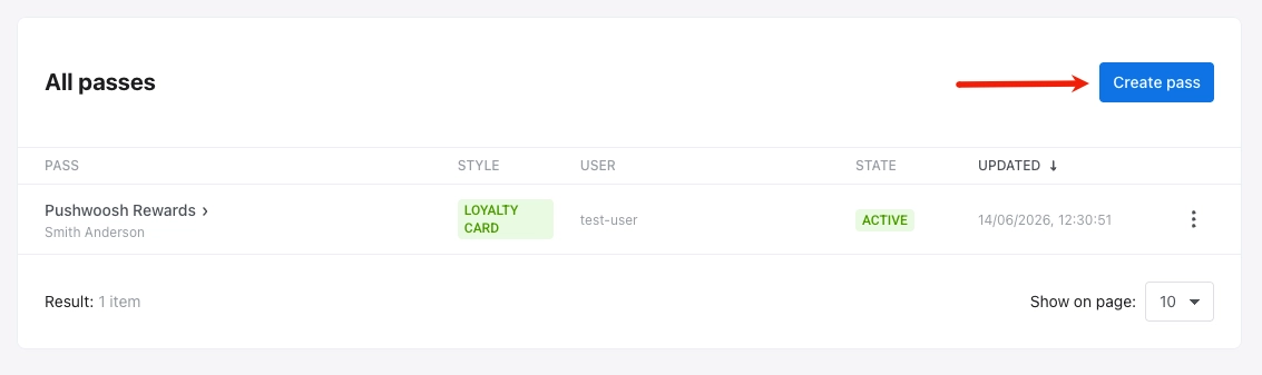 Wallet Passes page with the Google Wallet tab open and the Create pass button visible