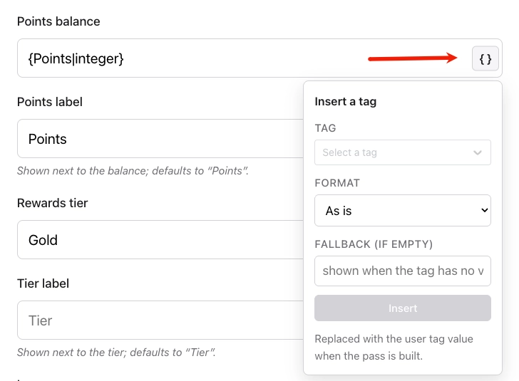 Pass field with the Insert a tag dialog open, showing Tag, Format, and Fallback options