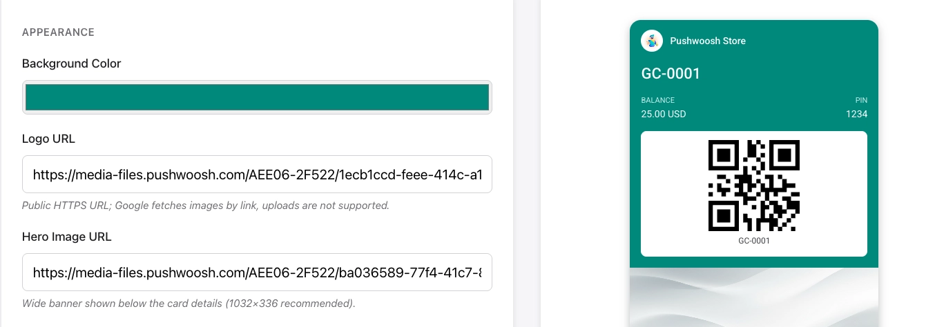 APPEARANCE section with background color, logo URL, hero image URL, Who can save the pass, and Expiration date fields
