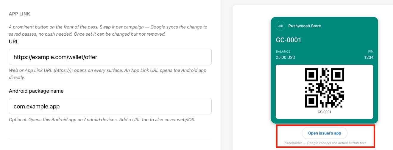APP LINK section with URL and Android package name fields