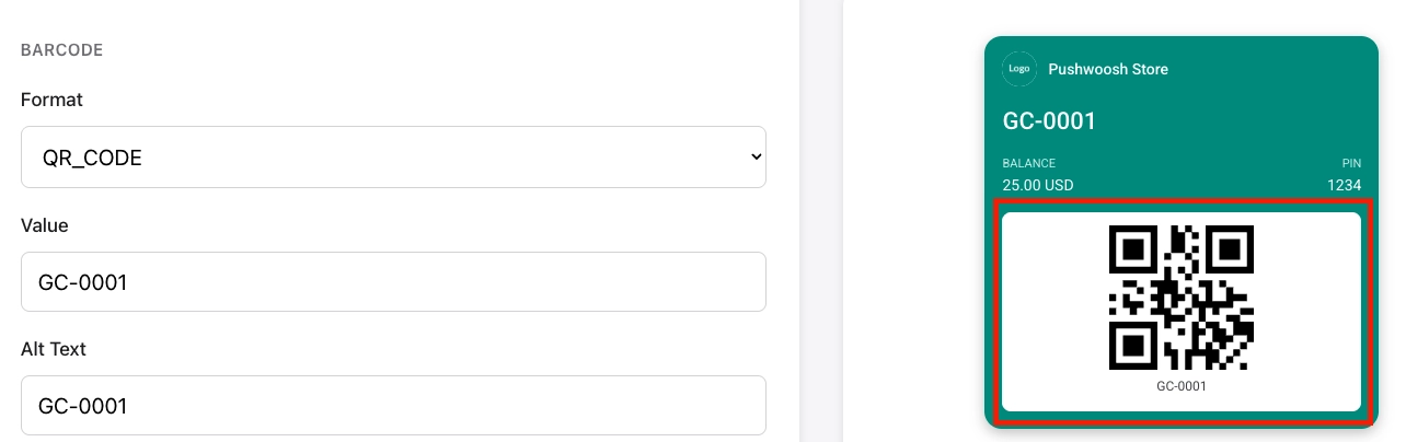 BARCODE section with Format, Value, and Alt Text fields