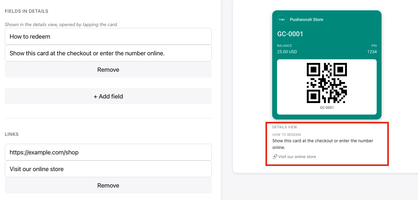 TEXT MODULES and LINKS sections with header, body, URL, and description fields