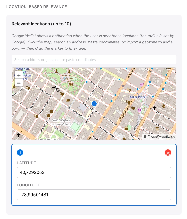 LOCATIONS section with latitude and longitude fields for adding points of interest