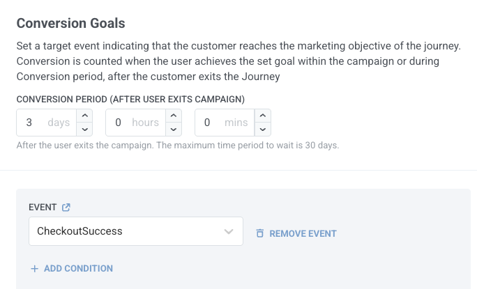 Conversion goal element with CheckoutSuccess selected as the journey’s success metric.
