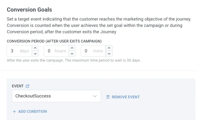 জার্নির সফলতার মেট্রিক হিসেবে CheckoutSuccess নির্বাচন করা কনভার্সন গোল এলিমেন্ট।