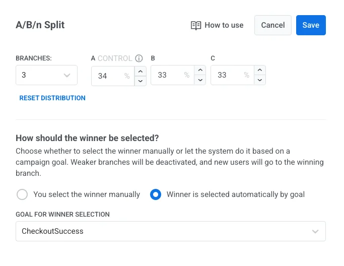 তিনটি ব্রাঞ্চ সহ A/B/n স্প্লিট