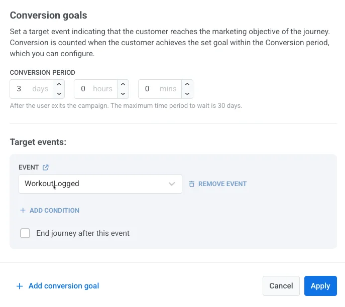 কনভার্সন গোল WorkoutLogged-এ সেট করা হয়েছে