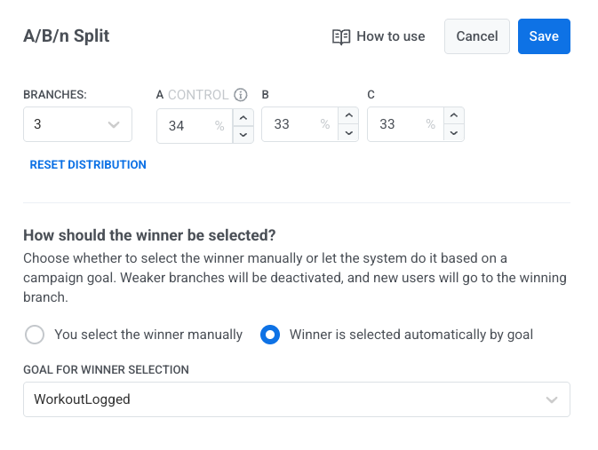 A/B/n split comparing push, email, and SMS with automatic winner by goal.