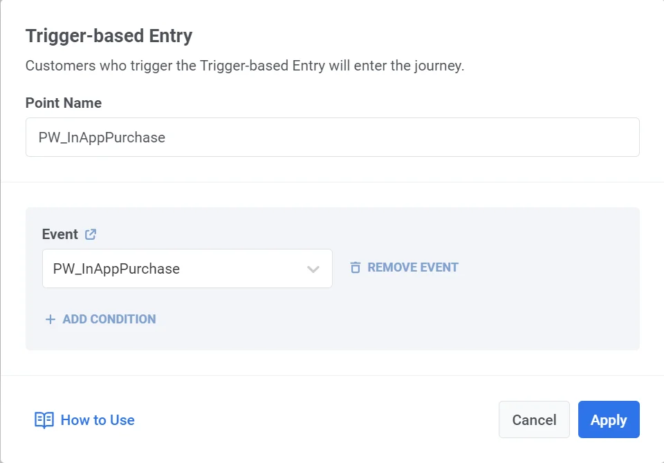 Customer Journey Builder canvas showing Trigger-based entry element with PW_InAppPurchase event selected for order confirmation setup