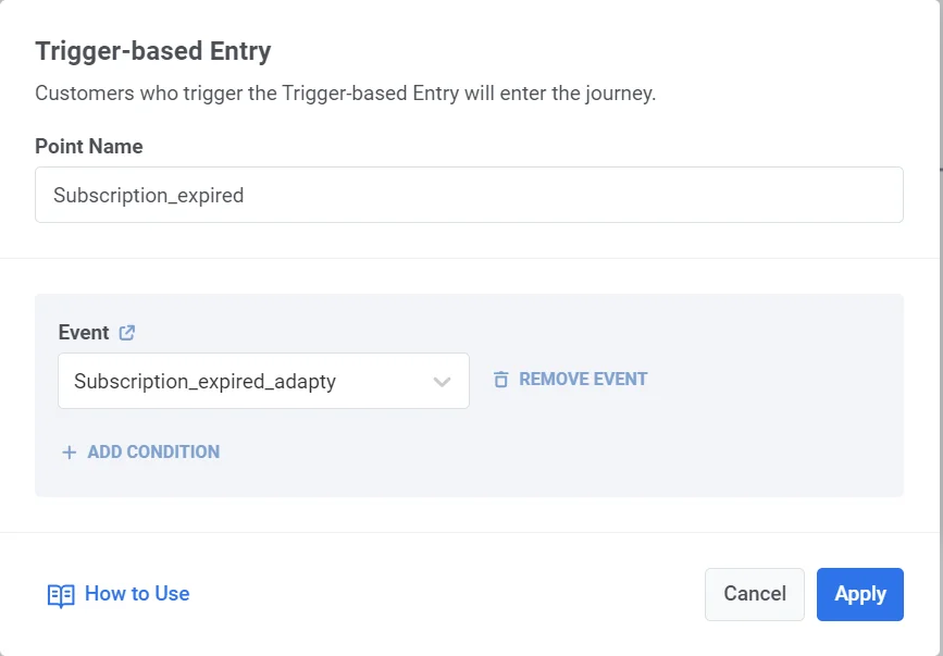 Trigger-based entry element configured with subscription expired event from third-party service