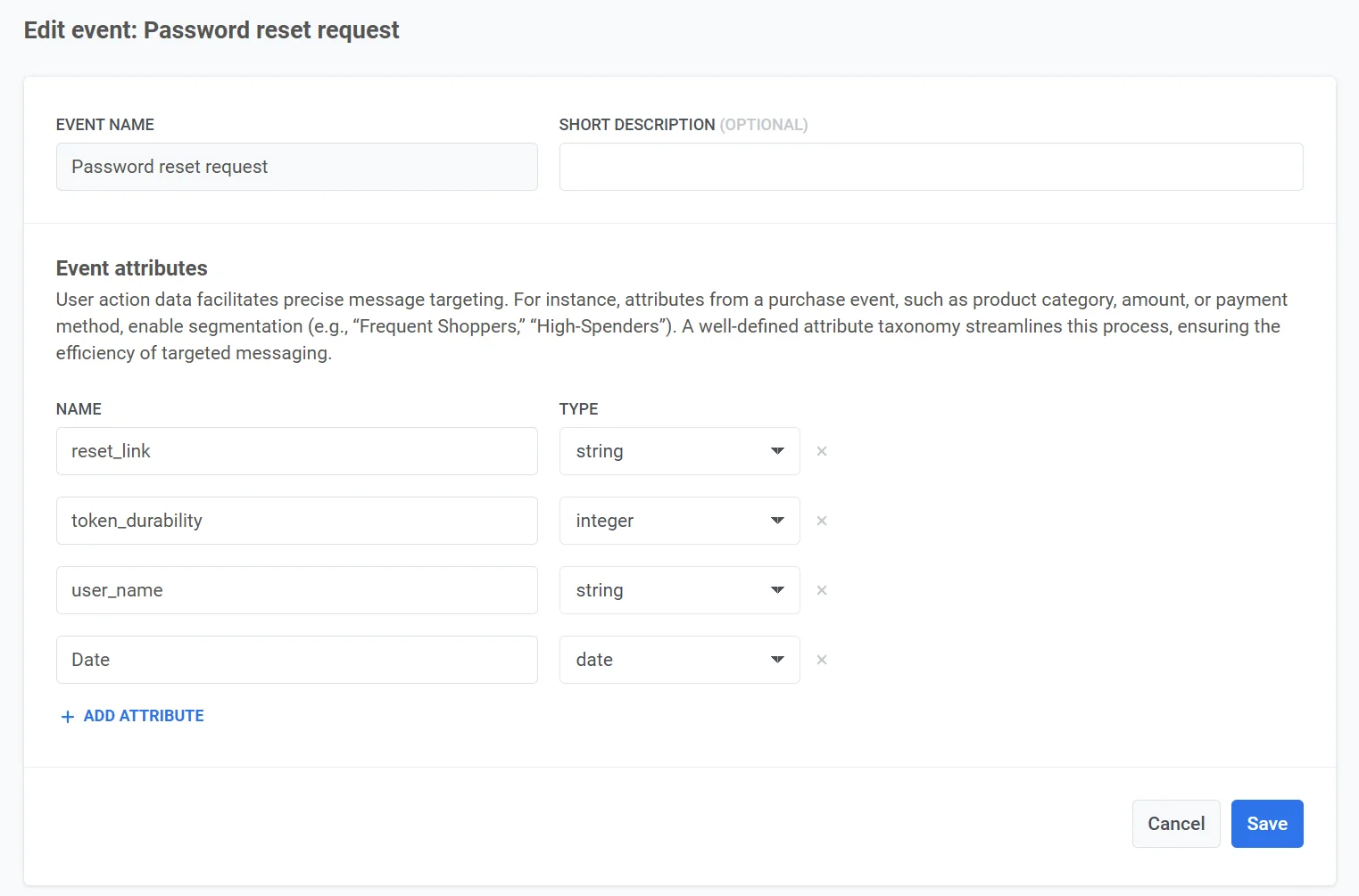 Event configuration interface showing password reset request event with required attributes