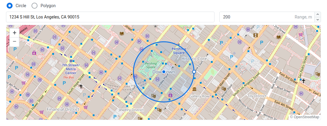 Trigger location im Modus Circle mit einem 200-m-Radius um eine Adresse in Downtown Los Angeles