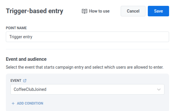 Trigger-based entry settings with Event set to CoffeeClubJoined
