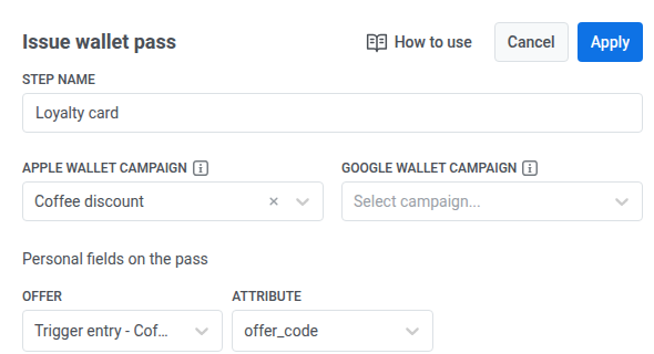 Issue Wallet Pass named Loyalty card with Coffee discount campaign and OFFER mapped to offer_code
