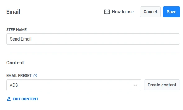 Send Email settings with Step Name field and an Email Preset selected in the Content section
