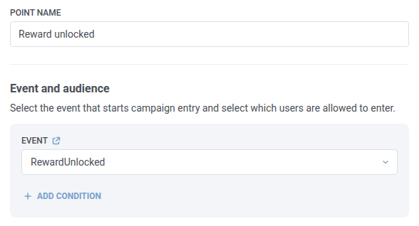 Trigger-based entry settings with Point name Reward unlocked and Event set to RewardUnlocked
