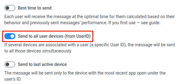 Push delivery settings with Send to all user devices (from UserID) turned on and highlighted