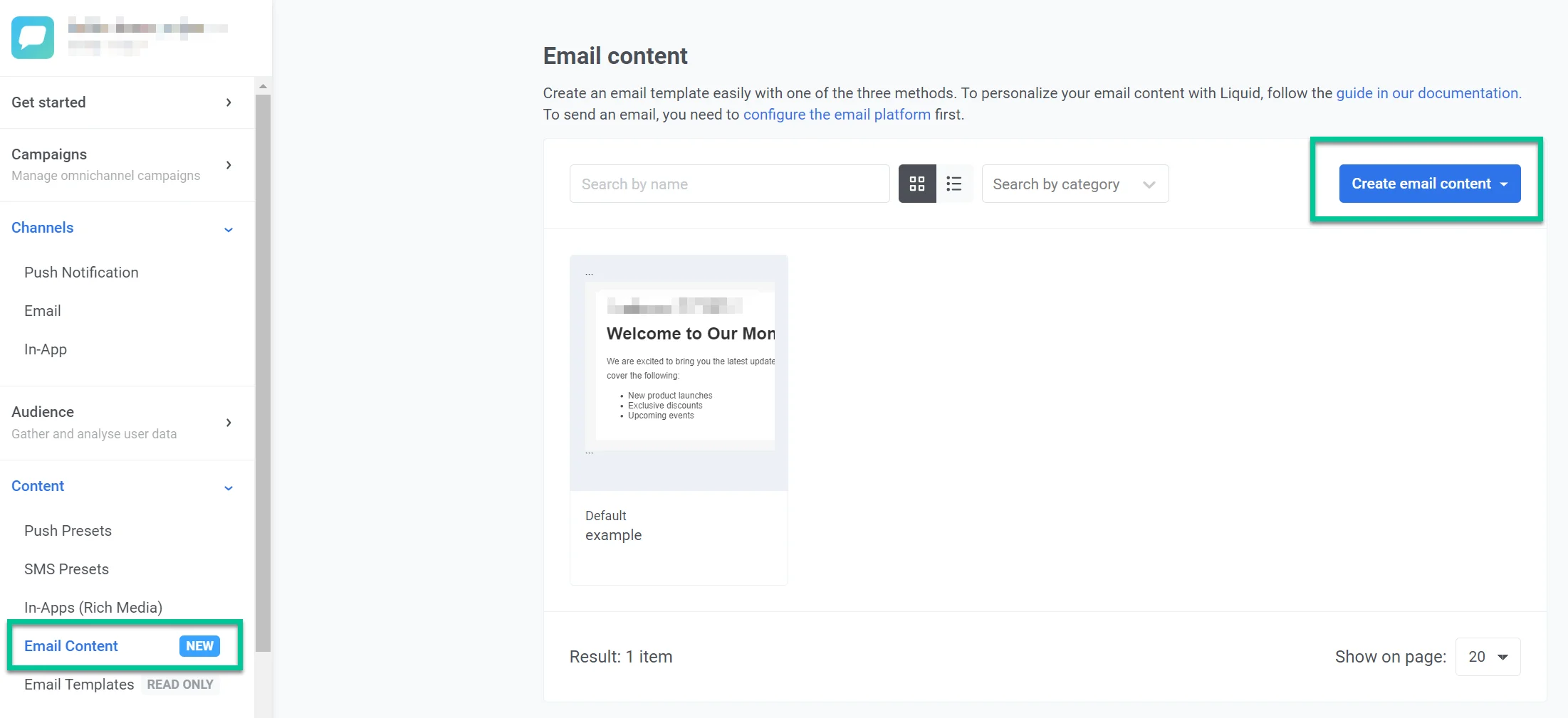 Interface de criação de Conteúdo de E-mail mostrando o menu Conteúdo, a seção Conteúdo de E-mail e o botão Criar conteúdo de e-mail