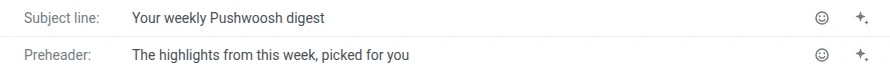 Subject line and Preheader fields, each with only an Insert emoji icon and a Generate with AI icon, no personalization tag picker
