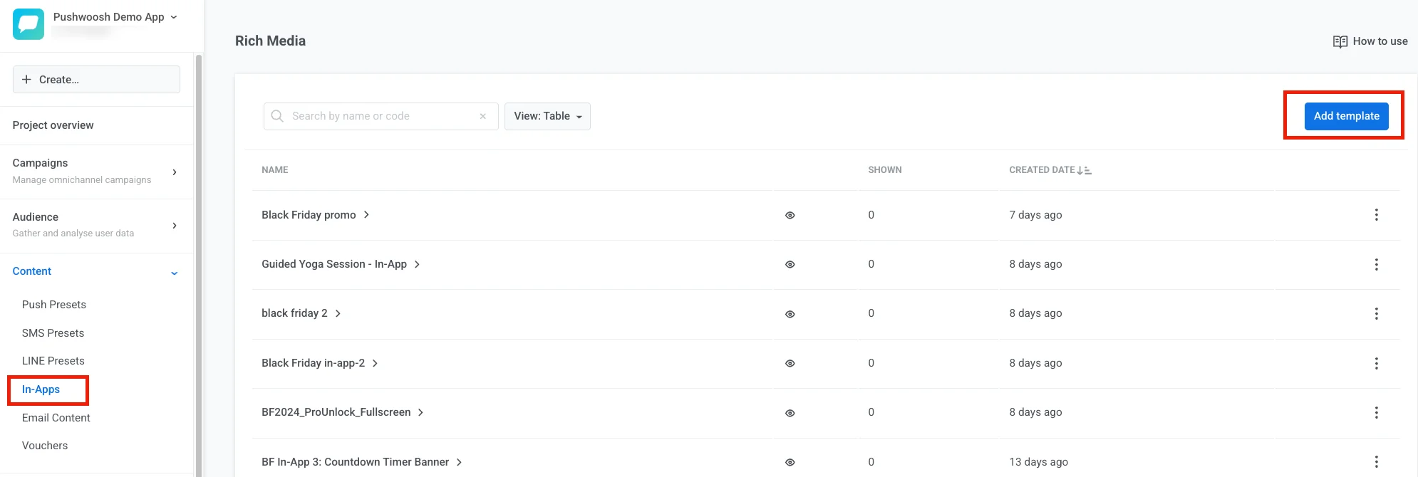 Menú de navegación que muestra la sección Content con la opción In-Apps Rich Media y el botón Add template resaltados