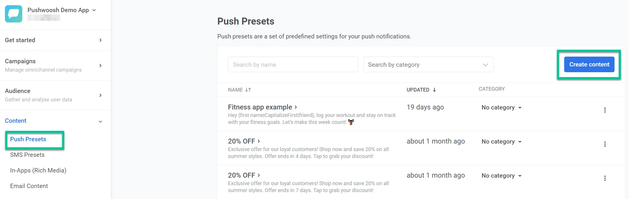 Навигация, показывающая меню Content с разделом Push presets и кнопкой Create content