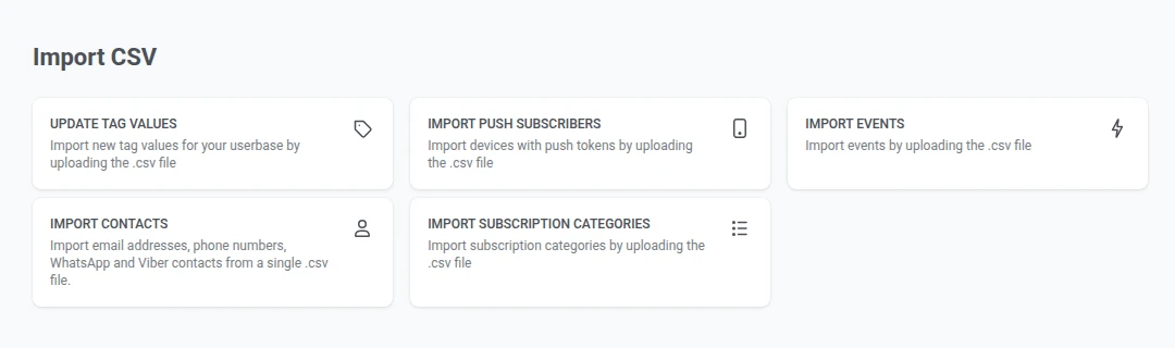 Import CSV hub in the Audience section showing the Import Contacts card alongside Update tag values, Import push subscribers, Import events, and Import subscription categories