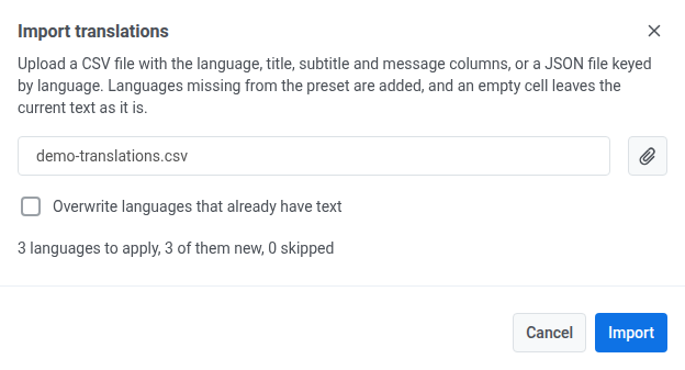 Import translations modal with a CSV file loaded, the overwrite checkbox, and the languages summary