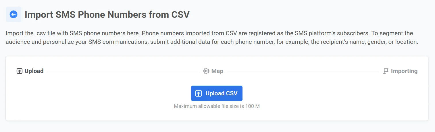 显示 Upload CSV 按钮和文件选择界面的屏幕截图